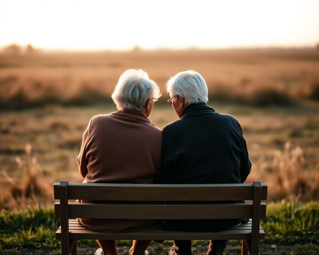 An older couple sitting close together on a wooden bench at golden hour