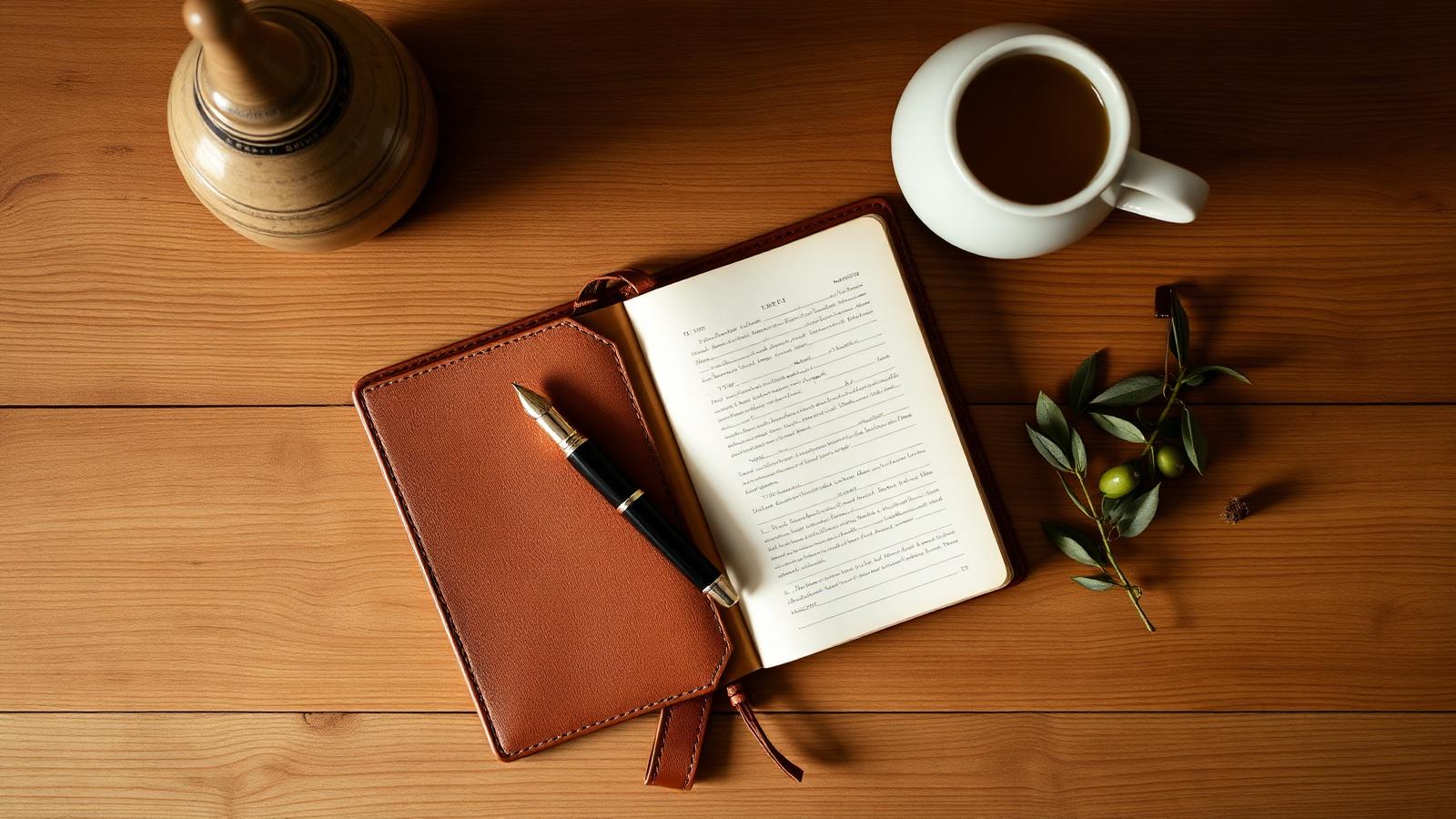 A leather notebook, fountain pen, and cup of tea on a wooden desk