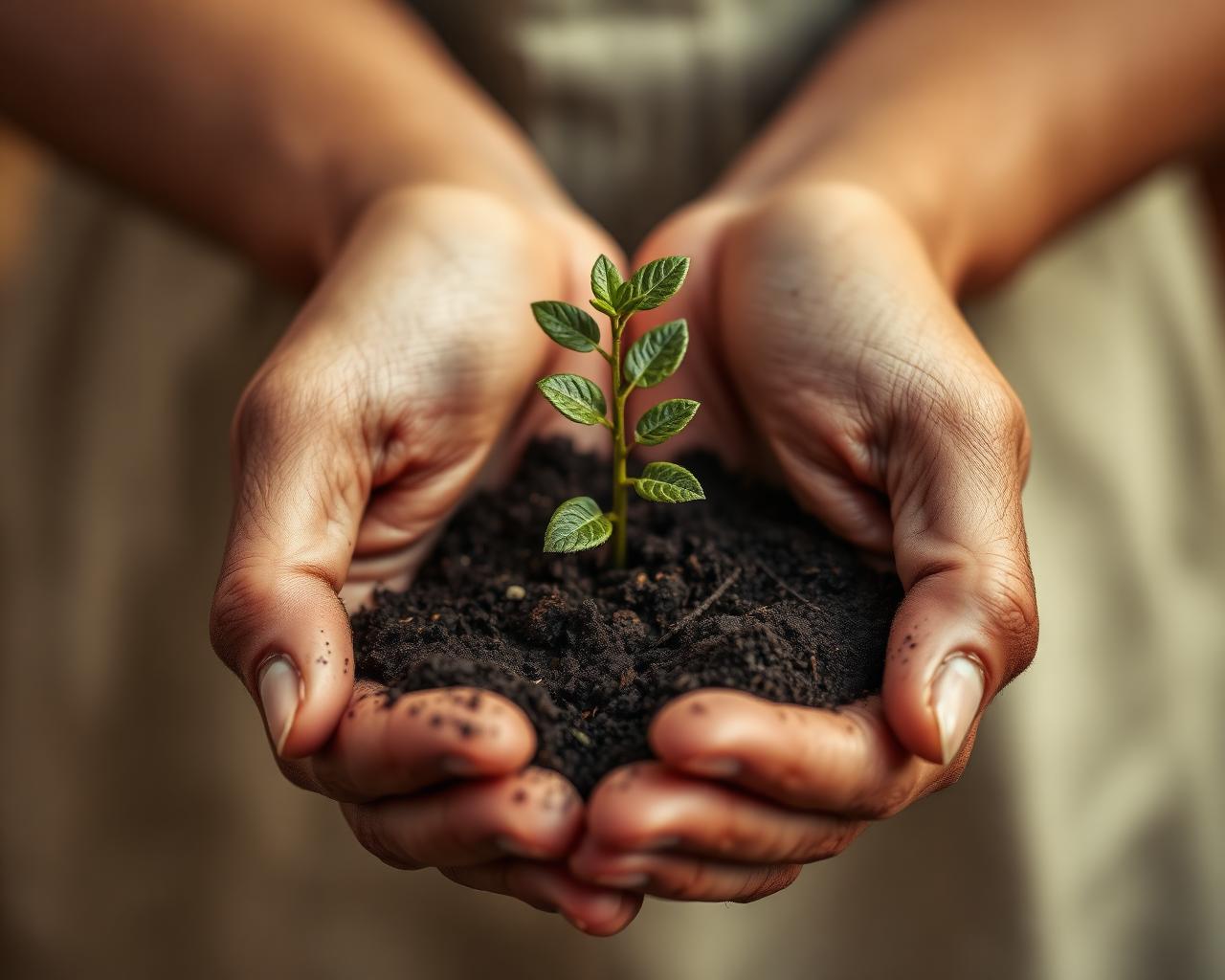 Two cupped hands holding soil and a small green sapling